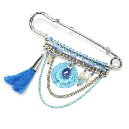Broche-Epingle-Cercle-Ajoure-Pierre-Perles-et-Pompon-Bleu-avec-Multi-Chaines-Metal-Argente