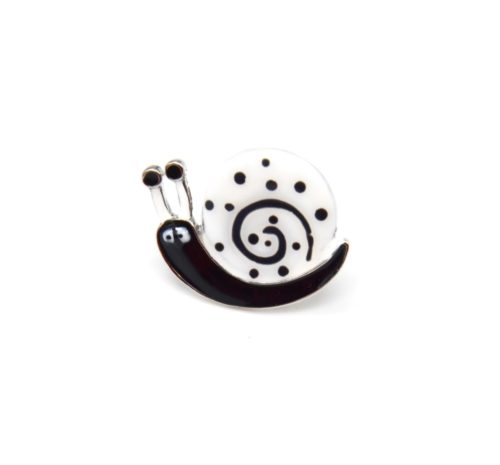 Mini-Broche-Pins-Escargot-Motif-Pois-Blanc-Noir-et-Metal-Argente