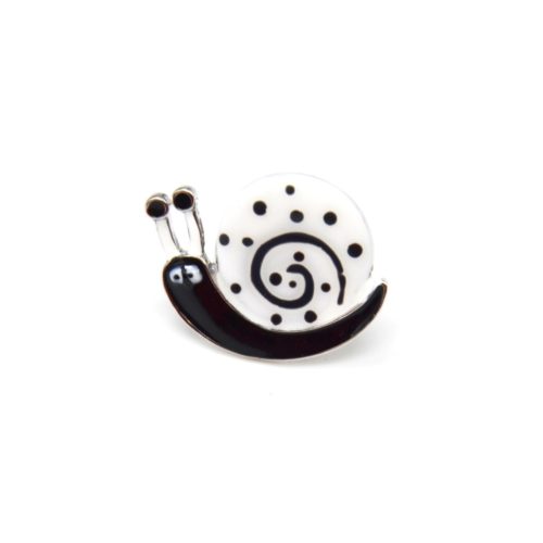 Mini-Broche-Pins-Escargot-Motif-Pois-Blanc-Noir-et-Metal-Argente