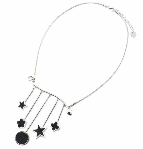 Collier-Plastron-Pendentif-Multi-Barres-avec-Charms-Simili-Cuir-Noir-et-Metal-Argente