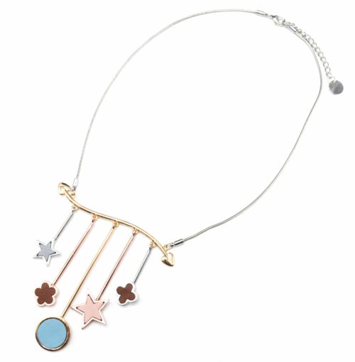 Collier-Plastron-Pendentif-Multi-Barres-avec-Charms-Simili-Cuir-Multicolore-et-Metal-Argente