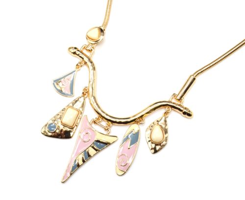 Collier-Plastron-Pendentif-Multi-Formes-Email-Rose-Pierres-et-Metal-Dore