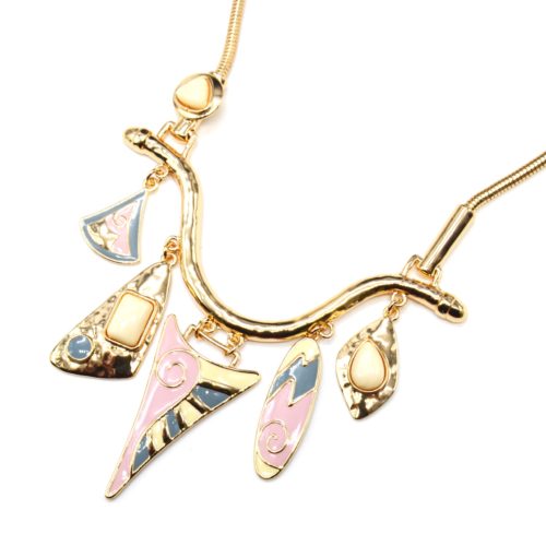 Collier-Plastron-Pendentif-Multi-Formes-Email-Rose-Pierres-et-Metal-Dore