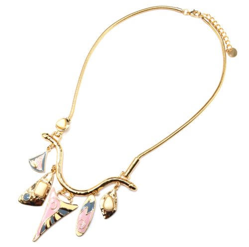 Collier-Plastron-Pendentif-Multi-Formes-Email-Rose-Pierres-et-Metal-Dore