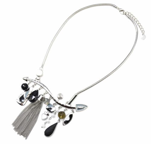 Collier-Plastron-Pendentif-Multi-Formes-Email-Noir-Perles-Pompon-Chaines-et-Metal-Argente