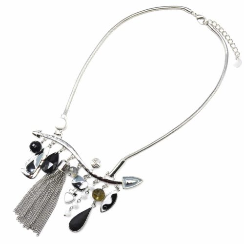 Collier-Plastron-Pendentif-Multi-Formes-Email-Noir-Perles-Pompon-Chaines-et-Metal-Argente