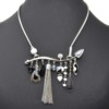 Collier-Plastron-Pendentif-Multi-Formes-Email-Noir-Perles-Pompon-Chaines-et-Metal-Argente