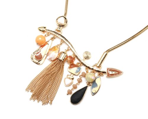 Collier-Plastron-Pendentif-Multi-Formes-Email-Beige-Perles-Pompon-Chaines-et-Metal-Dore