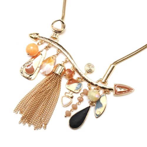 Collier-Plastron-Pendentif-Multi-Formes-Email-Beige-Perles-Pompon-Chaines-et-Metal-Dore