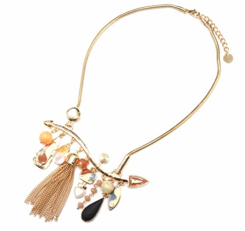 Collier-Plastron-Pendentif-Multi-Formes-Email-Beige-Perles-Pompon-Chaines-et-Metal-Dore