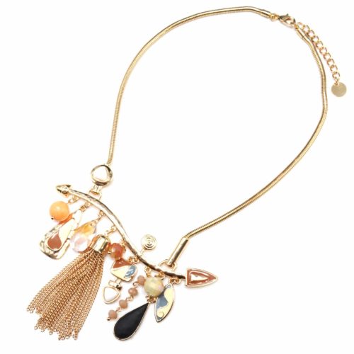 Collier-Plastron-Pendentif-Multi-Formes-Email-Beige-Perles-Pompon-Chaines-et-Metal-Dore