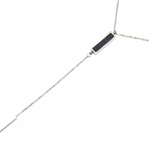 Collier-Fine-Chaine-Y-avec-Pendentif-Rectangle-Marbre-Noir-et-Barre-Acier-Argente