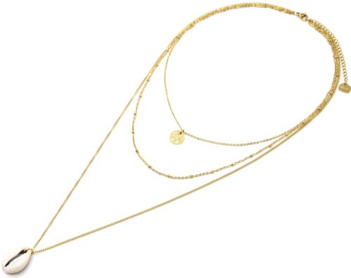 Collier-Triple-Chaine-avec-Medaille-Martelee-Acier-Dore-et-Cauri