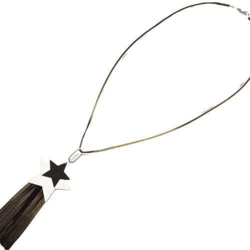 Sautoir-Collier-Pendentif-Etoiles-Metal-Mat-Noir-Argente-et-Chaines-Pendantes