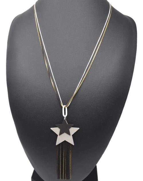 Sautoir-Collier-Pendentif-Etoiles-Metal-Mat-Noir-Argente-et-Chaines-Pendantes