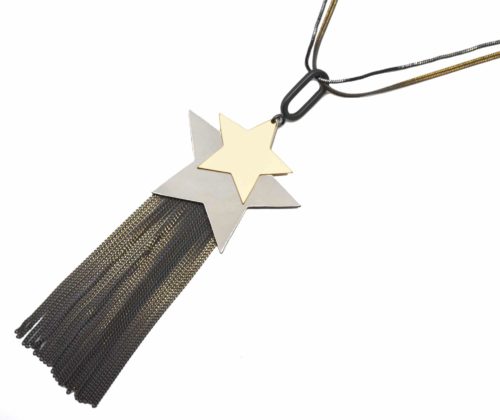 Sautoir-Collier-Pendentif-Etoiles-Metal-Mat-Gris-Dore-et-Chaines-Pendantes