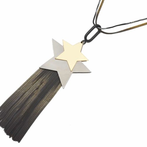 Sautoir-Collier-Pendentif-Etoiles-Metal-Mat-Gris-Dore-et-Chaines-Pendantes