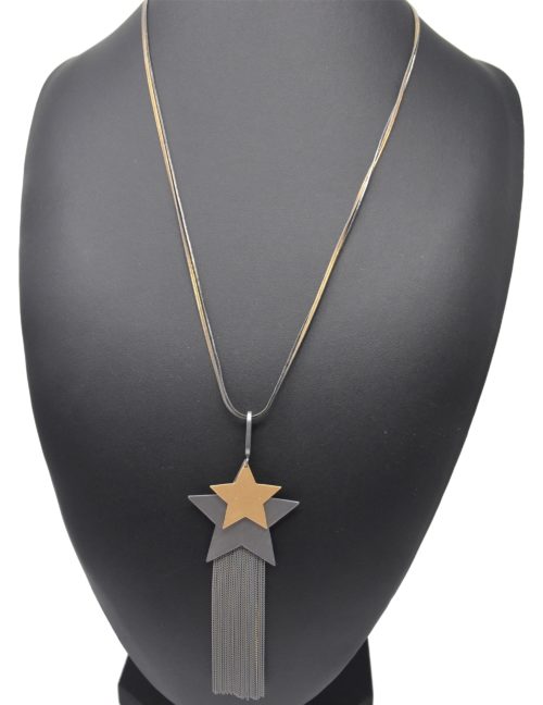 Sautoir-Collier-Pendentif-Etoiles-Metal-Mat-Gris-Dore-et-Chaines-Pendantes