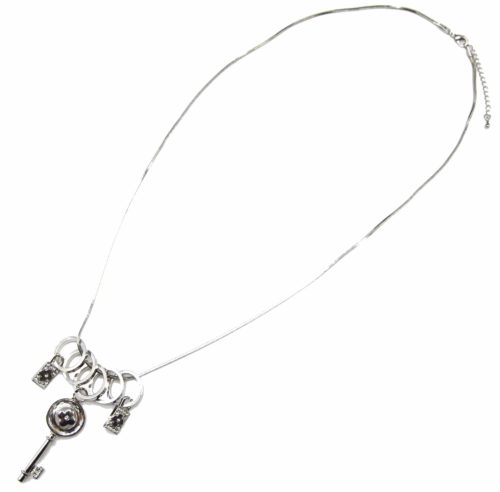 Sautoir-Collier-Pendentif-Anneaux-Metal-Argente-avec-Cle-Trefle-et-Cadenas-Strass