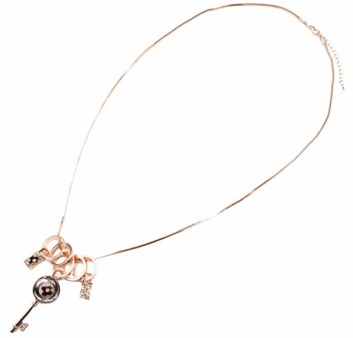 Sautoir-Collier-Pendentif-Anneaux-Metal-Or-Rose-avec-Cle-Trefle-et-Cadenas-Strass