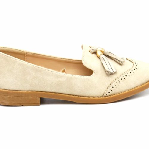 Mocassins-Slippers-Effet-Daim-Perfore-Beige-avec-Pompons-Franges-et-Petit-Talon