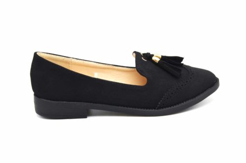 Mocassins-Slippers-Effet-Daim-Perfore-Noir-avec-Pompons-Franges-et-Petit-Talon