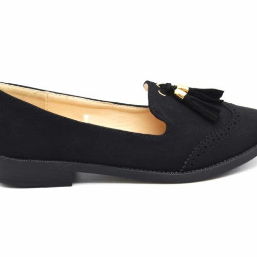 Mocassins-Slippers-Effet-Daim-Perfore-Noir-avec-Pompons-Franges-et-Petit-Talon