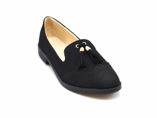 Mocassins-Slippers-Effet-Daim-Perfore-Noir-avec-Pompons-Franges-et-Petit-Talon