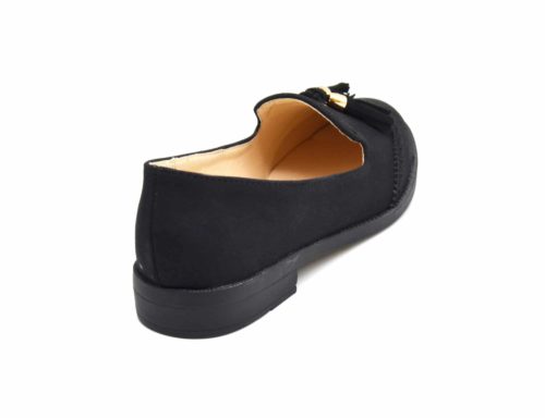 Mocassins-Slippers-Effet-Daim-Perfore-Noir-avec-Pompons-Franges-et-Petit-Talon