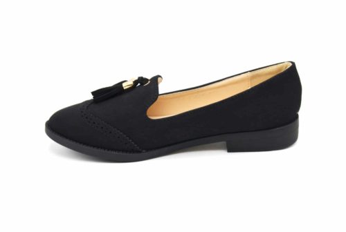 Mocassins-Slippers-Effet-Daim-Perfore-Noir-avec-Pompons-Franges-et-Petit-Talon