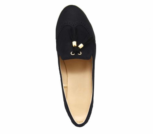 Mocassins-Slippers-Effet-Daim-Perfore-Noir-avec-Pompons-Franges-et-Petit-Talon