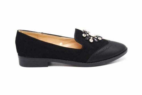 Mocassins-Slippers-Effet-Daim-et-Simili-Cuir-Perfore-Noir-avec-Pierres-et-Petit-Talon