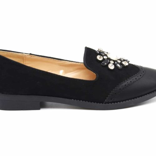 Mocassins-Slippers-Effet-Daim-et-Simili-Cuir-Perfore-Noir-avec-Pierres-et-Petit-Talon