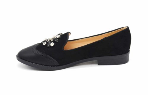 SHP109 * Mocassins Slippers Effet Daim et Simili Cuir Perforé Noir avec Pierres et Petit Talon – Image 4