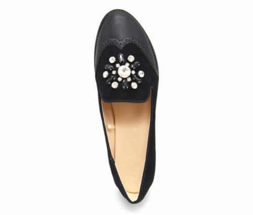 Mocassins-Slippers-Effet-Daim-et-Simili-Cuir-Perfore-Noir-avec-Pierres-et-Petit-Talon