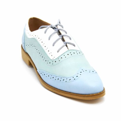 Derbies-Derby-Simili-Cuir-Perfore-Tricolore-Bleu-avec-Surpiqures-Lacets-et-Petit-Talon