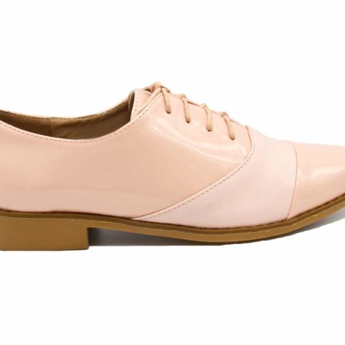 Derbies-Derby-Vernis-Rose-avec-Bande-Simili-Cuir-Lacets-et-Petit-Talon