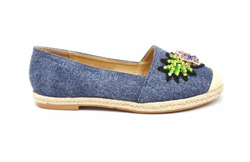 Espadrilles-Effet-Jean-Denim-Bleu-Fonce-avec-Patch-Ananas-Pierres-Bout-et-Semelle-Paille