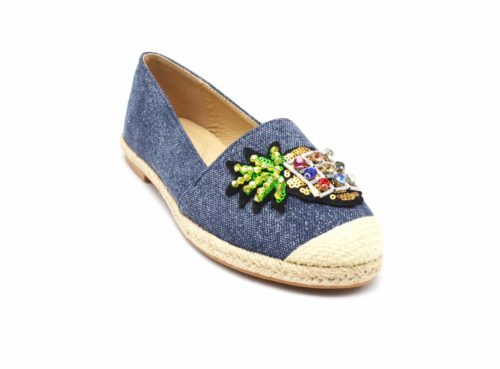 Espadrilles-Effet-Jean-Denim-Bleu-Fonce-avec-Patch-Ananas-Pierres-Bout-et-Semelle-Paille