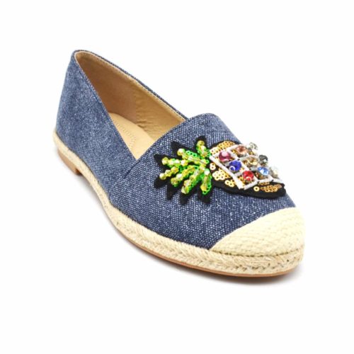 Espadrilles-Effet-Jean-Denim-Bleu-Fonce-avec-Patch-Ananas-Pierres-Bout-et-Semelle-Paille