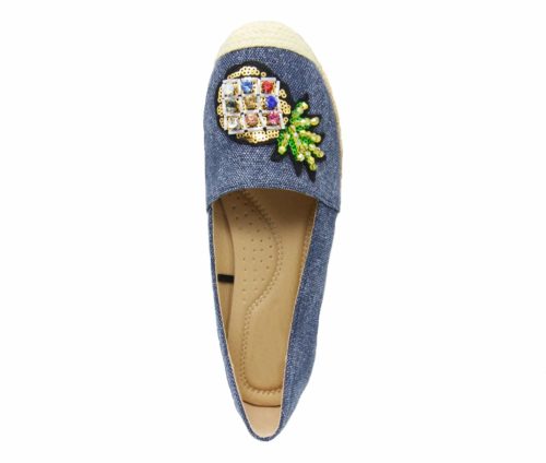 Espadrilles-Effet-Jean-Denim-Bleu-Fonce-avec-Patch-Ananas-Pierres-Bout-et-Semelle-Paille