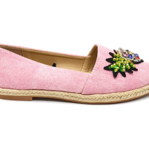 Espadrilles-Effet-Jean-Denim-Rose-avec-Patch-Ananas-Pierres-Bout-et-Semelle-Paille