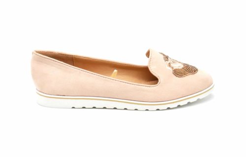 Mocassins-Slippers-Effet-Daim-Rose-Nude-avec-Broderie-Fleur-Perles-Rocaille-et-Semelle-Blanche