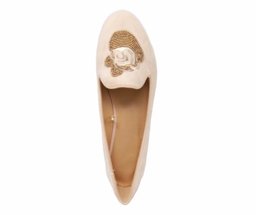 Mocassins-Slippers-Effet-Daim-Rose-Nude-avec-Broderie-Fleur-Perles-Rocaille-et-Semelle-Blanche