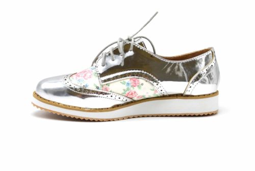 Derbies-Derby-Vernis-Perfore-Argente-avec-Motif-Fleurs-et-Semelle-Compensee