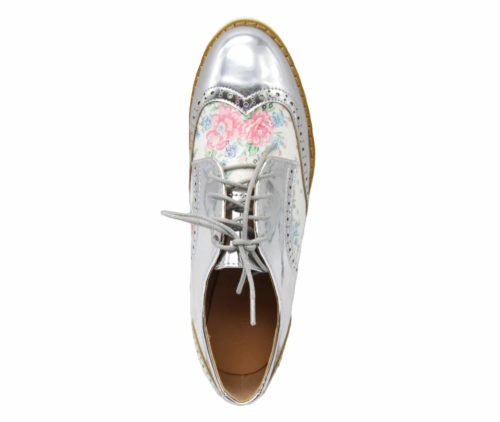 Derbies-Derby-Vernis-Perfore-Argente-avec-Motif-Fleurs-et-Semelle-Compensee