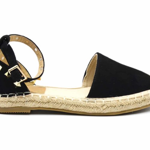 Espadrilles-Effet-Daim-Noir-avec-Bride-Cheville-Clous-Pyramide-Metal-Dore-et-Semelle-Paille