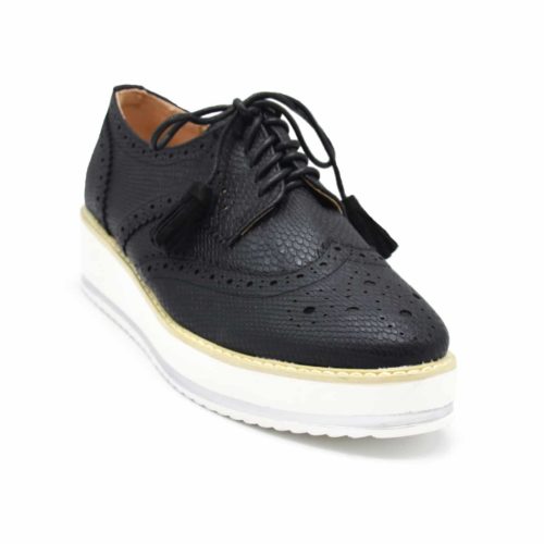 Derbies-Derby-imitation-leather-perforated-black-with-Motif-Python-laces-pompoms-and-sole-platform