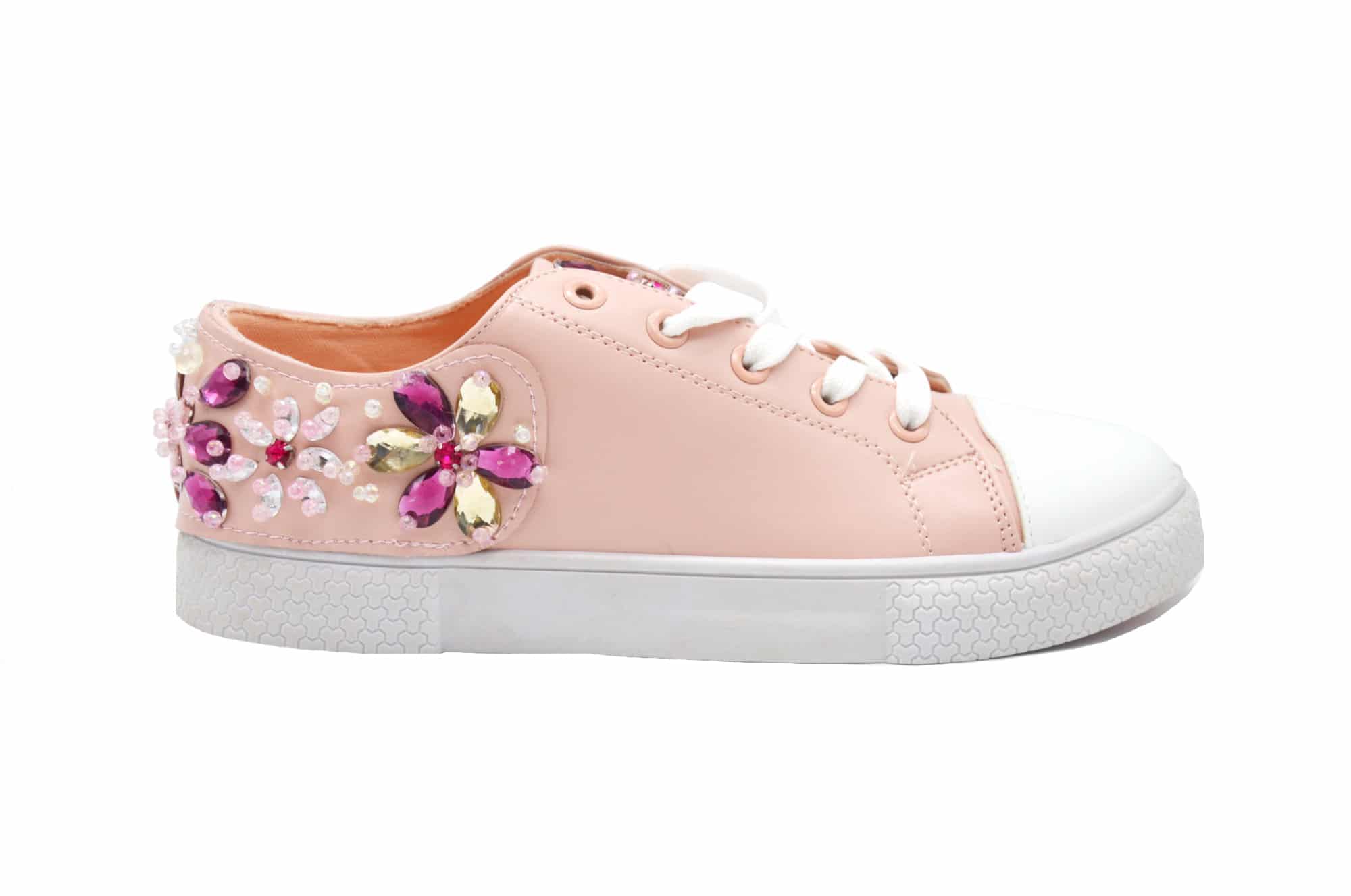 SHY52 Baskets Tennis Sneakers Simili Cuir Rose avec Ornements