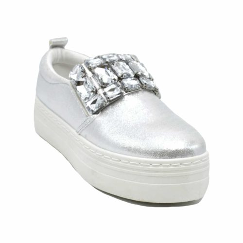 Sneakers-slip-on-fabric-satine-silver-with-ornaments-stones-and-sole-platform-offset